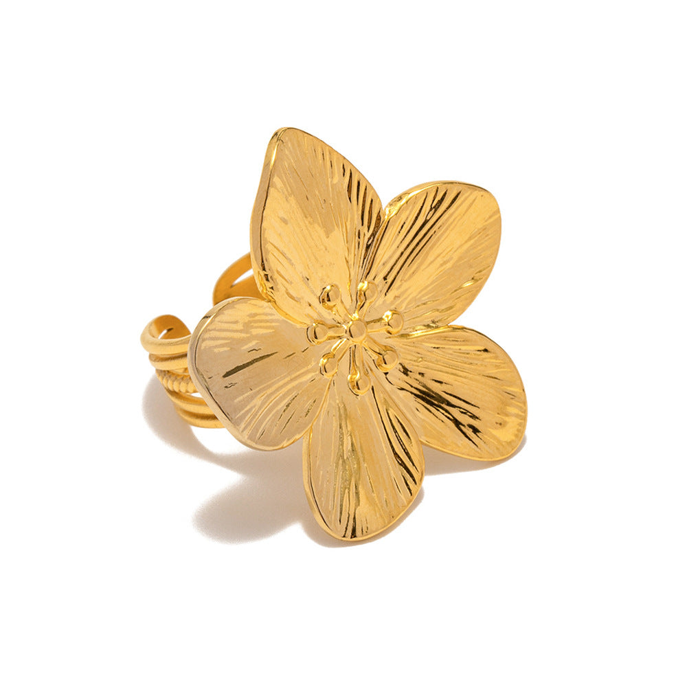French court style matte retro gold stainless steel flower metal open ring with high-end design